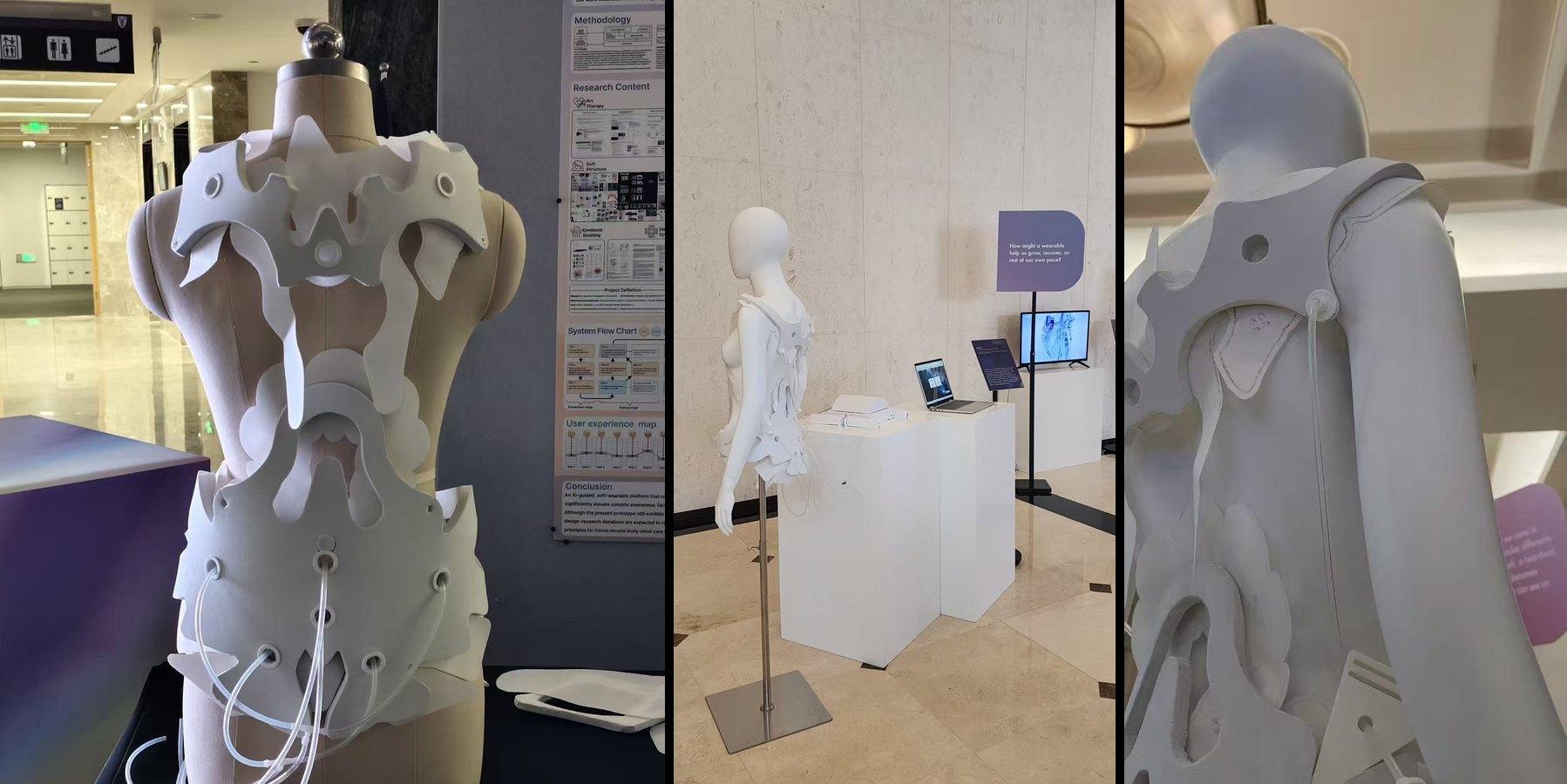 ArtClue pneumatic wearable on a dress form, at the UbiComp/ISWC 2026 Design Exhibition, and a close-up of the shoulder airbags