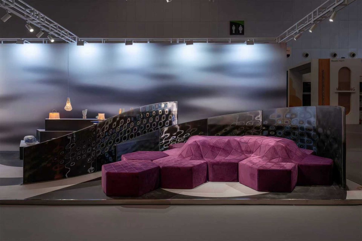 Sand Paper modular purple sofa with pneumatic textile panels at Design Shanghai