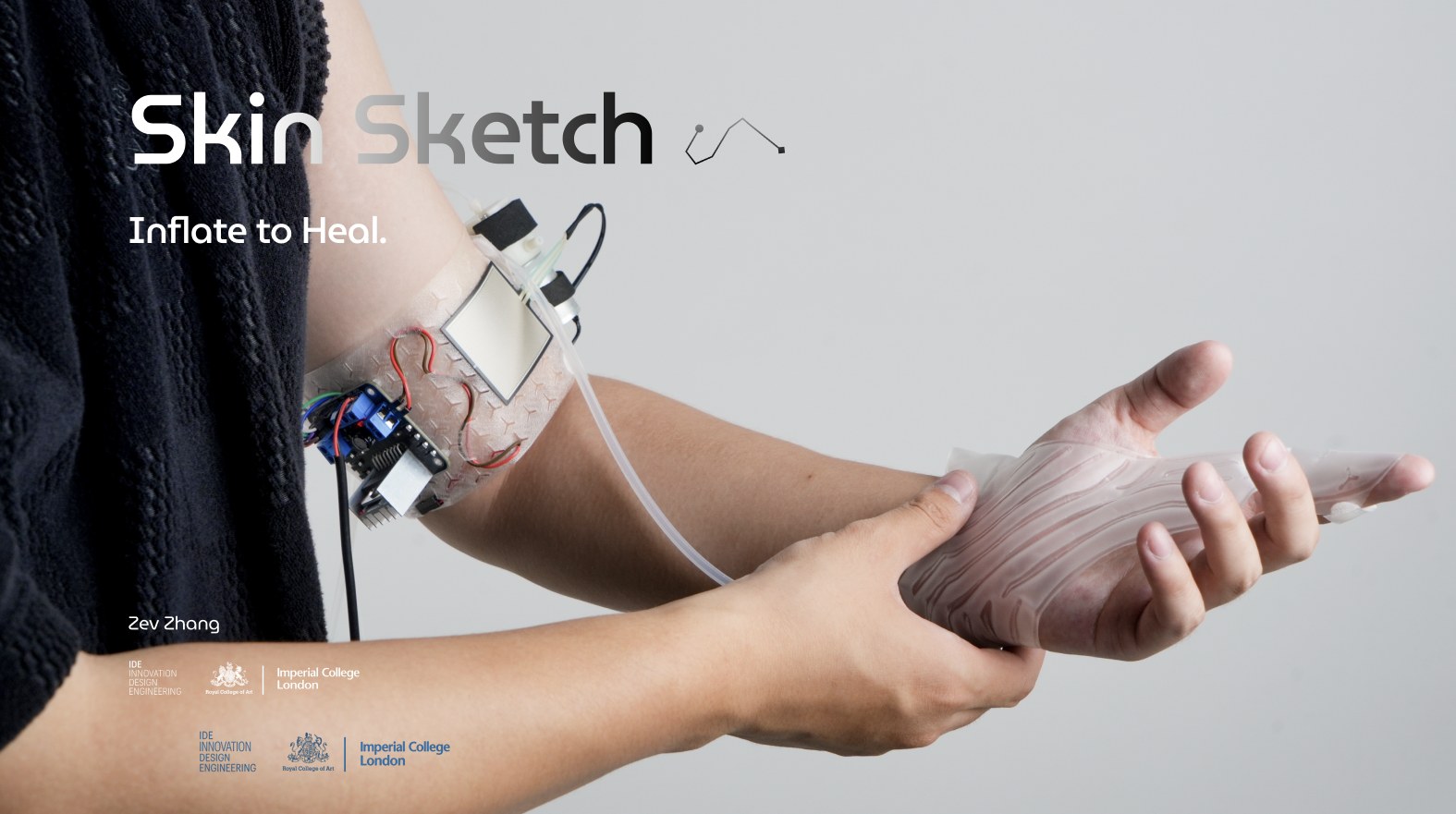 Skin Sketch – Inflate to Heal: inflatable hand brace with arm-mounted pump and sensors
